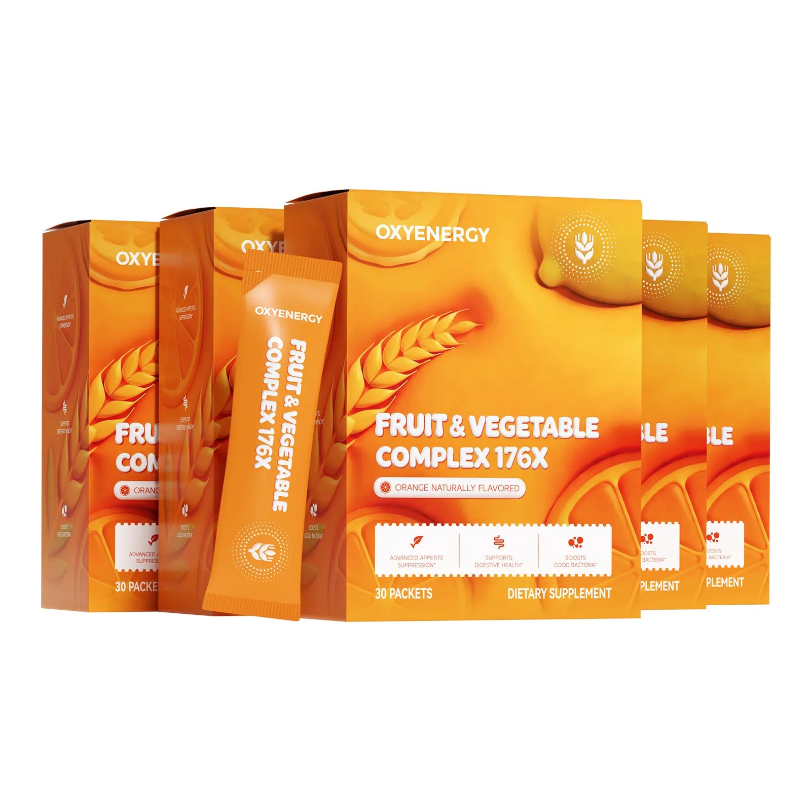 Oxyenergy Fruit & Vegetable Complex 176X Orange Naturally Flavored Supports Digestive Health & Boosts Good Bacteria 30 Packets Dietary Supplement