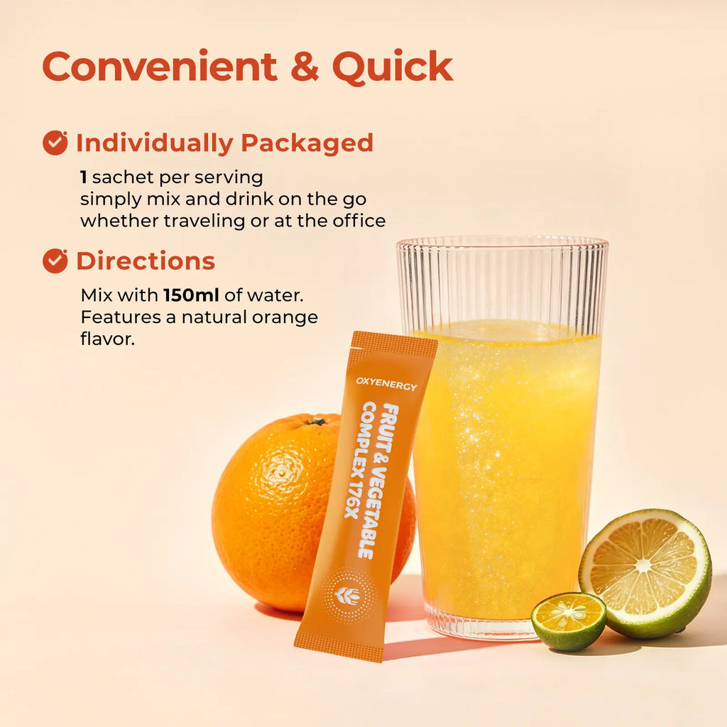 Oxyenergy Fruit & Vegetable Complex 176X Orange Naturally Flavored Supports Digestive Health & Boosts Good Bacteria 30 Packets Dietary Supplement